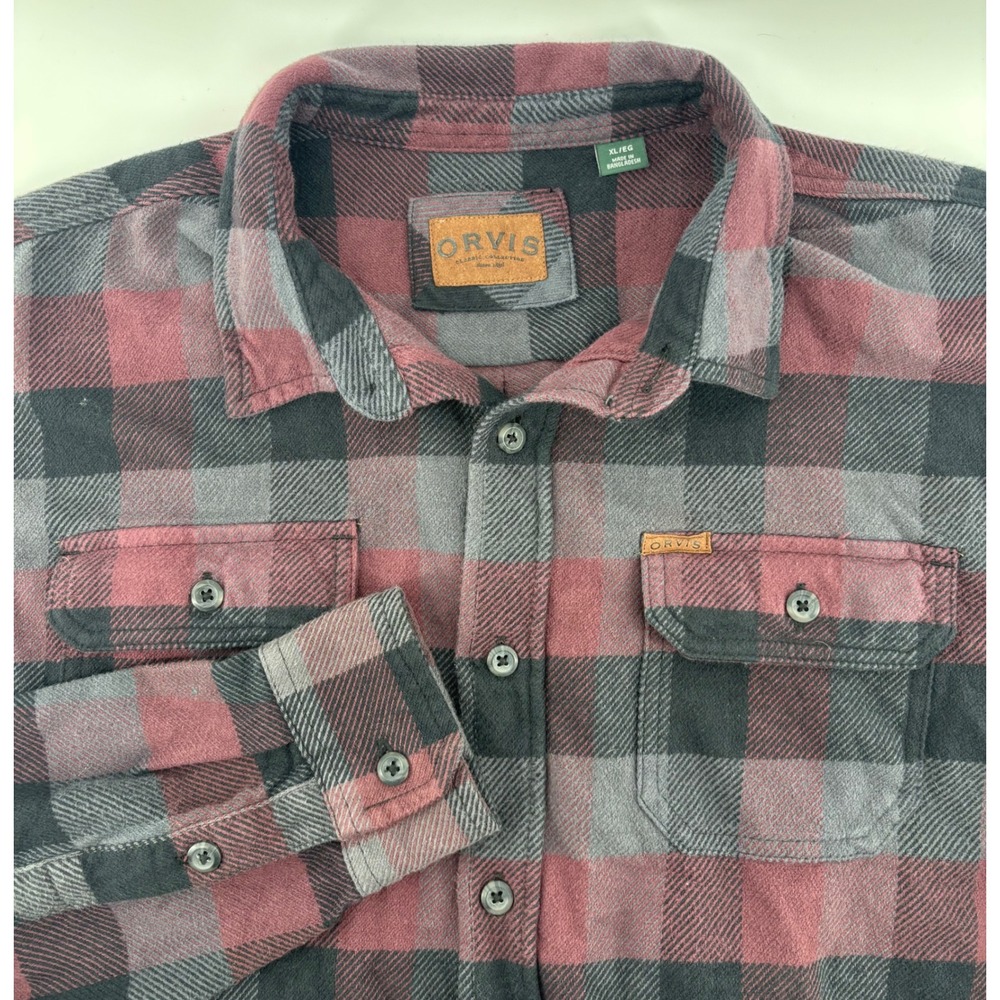 Orvis Flannel Jacket Men's XL Red Grey Plaid Heavyweight Cotton Button Down